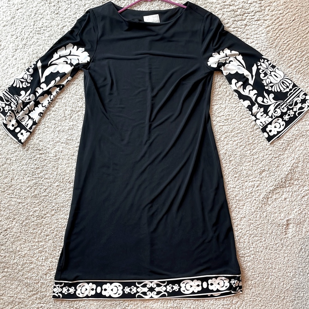 Elegant Black Jersey Dress with Bone Color& Black Floral pattern 3/4 Sleeves